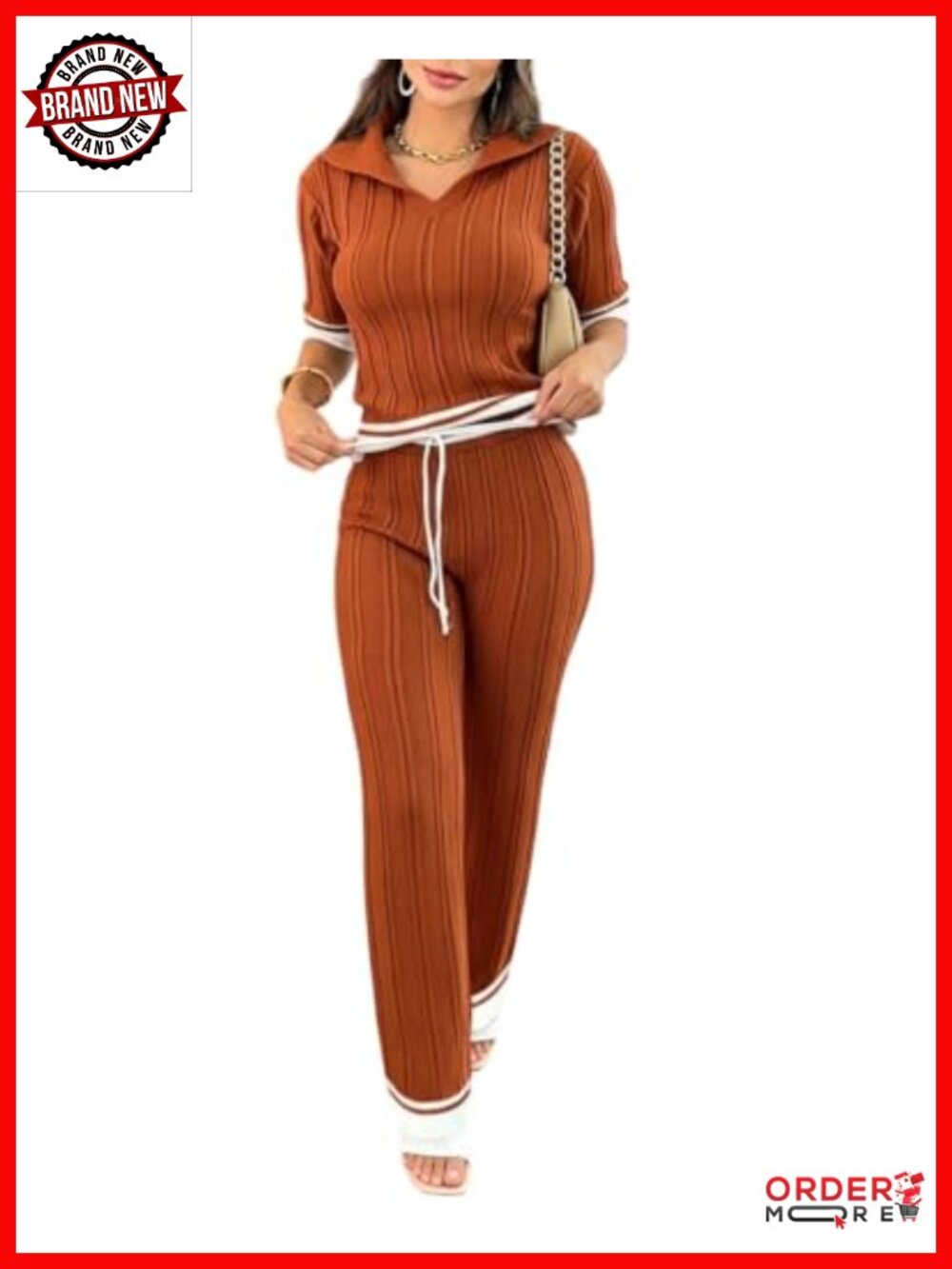 Two Piece Knit Lounge Set V Neck Short Sleeve Wide Leg Pants